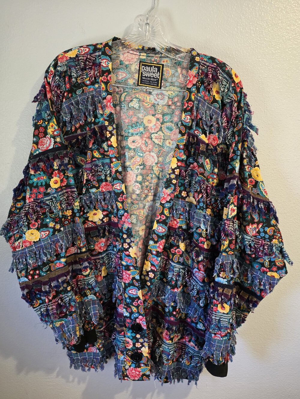 Womens Paula Sweet "Muslin Mink" Art-to-Wear Jacket W/Floral Print & Fringe L - Picture 2 of 8